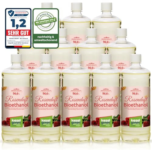 KieselGreen Bioethanolo 12 x 1 litro con Fragranza per Caminetto a Etanolo – Bio-etanolo profumato per Ambienti, molte Fragranze - Profumo per Caminetto a bioetanolo da Interno o da Tavolo