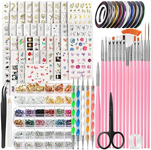 FANDAMEI 54 Blätter Wassertransfer Nagelsticker & Nail Art Pinsel Set, Dotted Pens, Blattgold für Nagelkunst, Streifenband, Strasssteine, Werkzeug und Dekorationen Set für Nagelkunst Maniküre Set