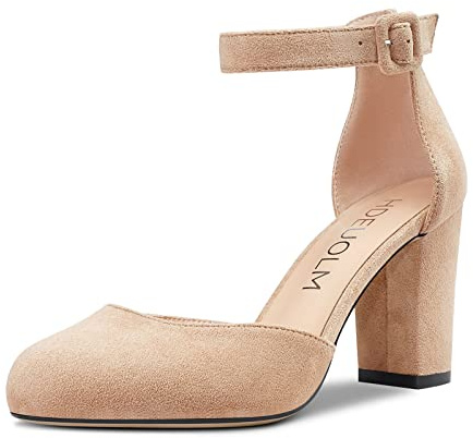 HDEUOLM Zapatos de Tacón Medio para Mujer con Correa en el Tobillo Punta Redonda Sandalias de Tacón de Bloque Grueso Básicos de Talla Grande Pumps 8CM Heel Marrón Ante 43 EU