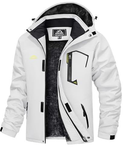 TACVASEN Skijacke Herren Wasserdichte Winddichte Winterjacke Warme Fleece-futter Outdoorjacke mit Kapuze, Weiß, 3XL