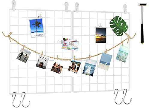 C&AHOME Foto Wandpaneel Drahtgitter Wandgitter Gitter Panel 2er Set Dekor Gitter Panel Foto Display Regale Haken Clips Hanf Kordel Hammer 15,7 Zoll × 11,8 Zoll Weiß UWWGM3402 W