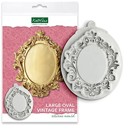 Katy Sue Large Oval Vintage Picture Frame Silicone Mould for Cake Decorating & Crafts - Frame Size is 127mm x 108mm, Aperture Size = 76mm x 57mm.