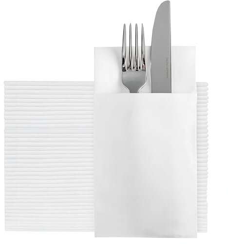Pre-Folded Dinner Napkin with Built-in Flatware Pocket, Disposable Linen-Feel Cloth-Like Napkins for Cutlery, Elegant for Party, Wedding, 40x40cm, White, 50 Count