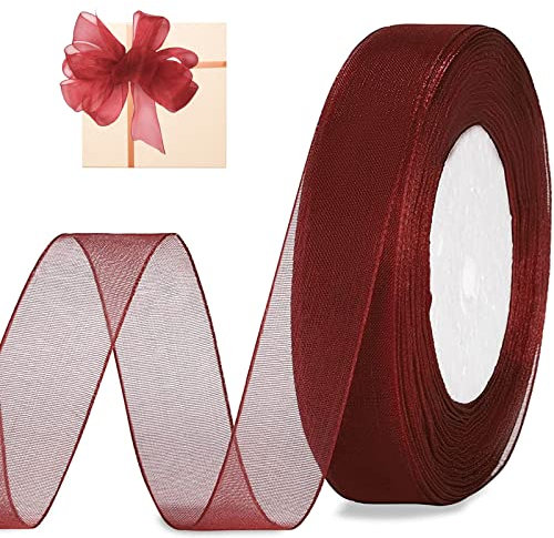 Organza Chiffon Geschenkband Weinrot, 2cm x 45m Organzaband Durchscheinende Breit Schleifenband Bänder Stoffband Geschenkverpackung Stoff Band für Hochzeit, Basteln und Geburtstag Dekoration