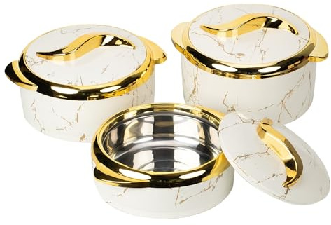 Hywisnok Luxury 3-Piece 2.6/2.1/1.6qt Thermal Casserole Dish Set with Lids, Insulated Stainless Steel Container for Hot & Cold Food, Serving Bowl for Buffets/Parties-Marble White
