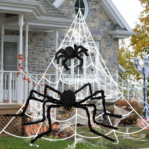 Halloween Deko Outdoor Spinne Groß Set: 150cm+30cm Riesenspinne+500cm Dreieckiges Riesen Spinnennetz+80g Elastizität Spinnennetzen+20 Mini Spinne für Horror Garten Dekorations Partys (Kombination 1)