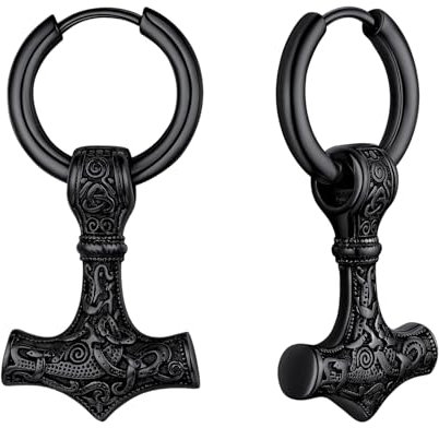 OIDEA Herren Wikinger Ohrringe Hammer: Schwarz Nordischer Thors Hammer Ohrhänger Creolen Ohrschmuck aus Edelstahl für Männer Damen als Geschenk in Weihnachten