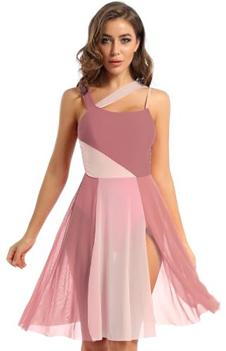 Agoky Damen Ballettkleid Lange Tanzkleid mit Mesh Rock Ärmellos Ballett Trikot Body Turnanzug Leotard Kleid für lyrischen Modern Tanz Dancewear Braun XS