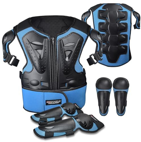 Bambini Dirt Bike Gear Moto equitazione protettiva Motocross armatura Suit petto e schiena Ginocchio gomito protezioni per il ciclismo (Blu)