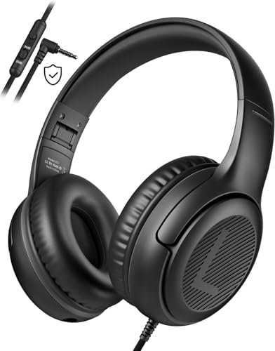 awartue Auriculares Niños con Cable Audio 3.5mm, Volumen Limitado 85/94dB, Diadema Ajustable Almohadillas Suaves, Cascos Infantiles para Clases Online/Viajes/Estudi, Negro