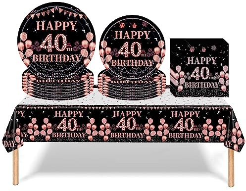 53Pcs Black Rose Gold 40th Happy Birthday Party Tableware Decorations for Her Plastic Table Cloth,7,9inch Paper Plates,Napkins for Women Birthday Table Party Tableware Set for Girls Women Adults