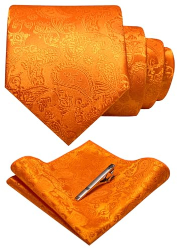 JEMYGINS Mens Orange Paisley Necktie and Pocket Square with Tie Clip Sets(46)
