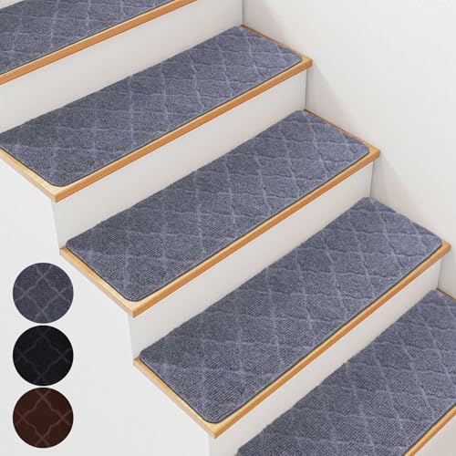 BREENHILL Lot de 7 tapis d'escalier antidérapants pour marches en bois - 20 x 76 cm - Tapis d'escalier d'intérieur avec dos autocollant, amovible et lavable en machine - Motif gris clair
