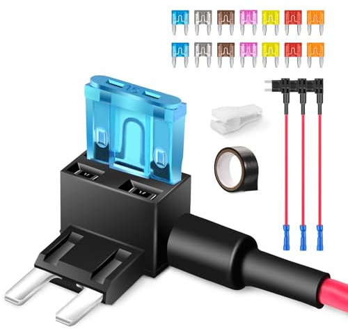 JOREST 4Pcs Mini Porte Fusible 12v Voiture Adaptateur, Add a Circuit Auto Fusibles Porte avec 14Pcs Mini Fusibles Lame (2A 3A 5A 7.5A 10A 15A 20A)+Bande Adhésive+Extracteur ﻿