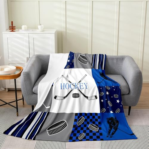 Feelyou Ice Hockey Plush Throw Blanket 40x50 Ice Sports Games Flannel Fleece Blanket for Sofa Couch Hockey Player All Season Bed Blanket Puck Hockey Room Decor White Blue
