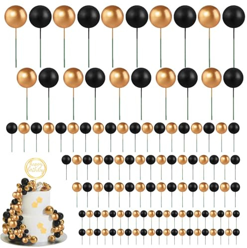 51PCS Cake Decorations, 50Pcs Cake Balls Decoration with Cake Topper, Black and Gold Cake Decorations, Birthday Cake Balls Decorations for Wedding Birthday Cakes Decoration