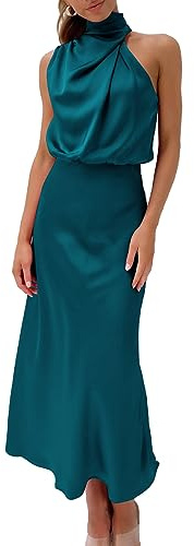 BDSCZW Dam elegant satinklänning ärmlös hög midja bröllop formell bröllopsgäst cocktailklänning, balklänningar, festklänning, midiklänningar, Pawenblå, S