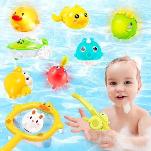 Badewannenspielzeug ab 3 Jahre | Magnetische Angel + Leuchtende Tierbälle & Aufzieh-Ente/Boot | Lernspielzeug für Motorik & Farben, Sicher & Robust (10 Teile)