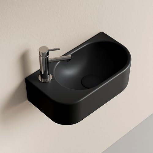 EMKE Lavabo suspendido 400 x 215 x 120 mm – Lavabo compacto y elegante para pequeños baños y aseos invitados – Grifo a la izquierda, instalación en pared, negro mate