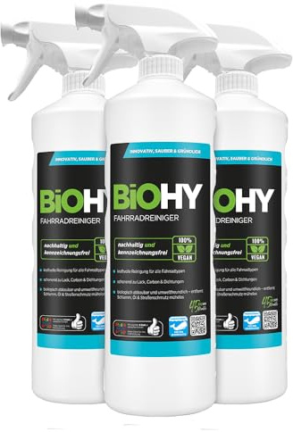 BIOHY Cykelrengörare (3 x 1 L) med sprayhuvud, rengöringsspray, ytor | För ramar, kedjor, fälgar och skivbromsar, högeffektivt skum, perfekt för e-cykel och mountainbike