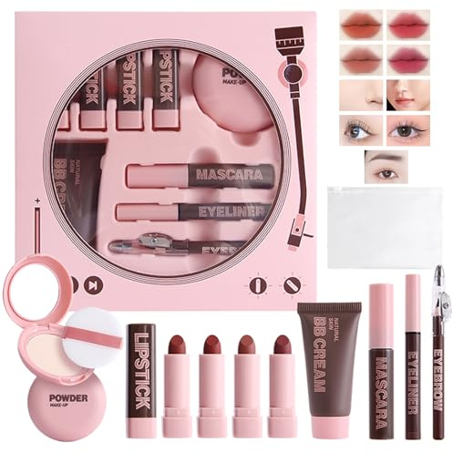 All in 1 sminkset, 9 delar, presentset för kvinnor och flickor, komplett sminkset, läppstift, BB-kräm, puder, eyeliner, ögonbrynspenna