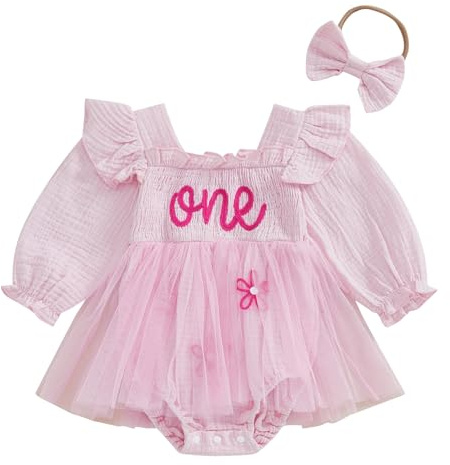 Geagodelia Infant Baby Girl 1st Birthday Romper Dress Letter Embroidery Bodysuit Jumpsuit A-Line Mesh Tulle Tutu Skirt Baptism First Birthday Princess Dress with Headband (Pink, 9-12 Months)
