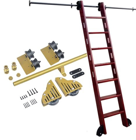 Kit de porte grange coulissante dorée, ensemble complet de quincaillerie bibliothèque, échelle coulissante rail de roulement (sans échelle) rail d'échelle mobile système rouleaux coulissants librairie