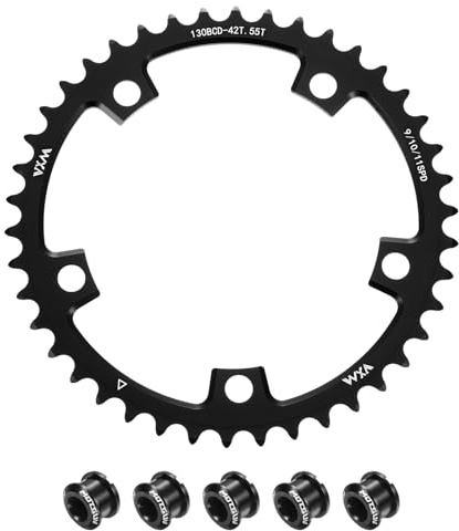 sourcing map 130BCD Bike Chainring Set 42T Round Narrow Wide Single Aluminum Chainring Chainwheel with Double Round 5 Bolts for Road Bike Bicycle 9/10/11 Speed Chains