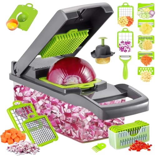 Vegetable Chopper, 16 in 1 Mandoline Vegetable Slicer Salad Chopper, Multifunctional Vegetable Cutter with Drain Basket, Onion Potato Salad Kitchen Manual Food Chopper for Cutting Vegetable and Fruit