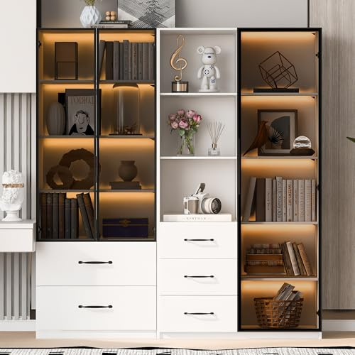 Armadio multifunzione a LED, 140 × 40 × 160 cm, con scomparti in vetro e aperti, cerniere a chiusura delicata, illuminazione a LED multicolore, vetrina in vetro antipolvere, libreria