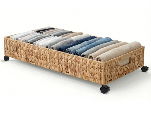 Under Bed Storage with Wheels, 31.5in / 37L Large Handwoven Water Hyacinth Under Bed Shoe Storage Organizer Drawer, Tool-free Assembly Rolling Storage Containers for Bedroom Clothes Shoes Blankets