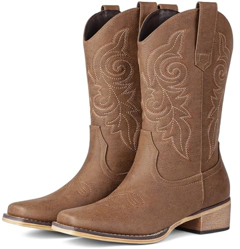 Pasuot Western Cowboy Boots for Women - Brown Square Toe Mid Calf Cowgirl Boots, Low Chunky Heel Country Boot with Classic Retro Embroidery Pull On for Ladies Rodeo Festival Concert US 8