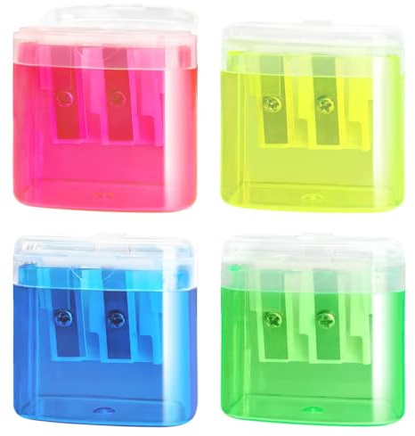 MUNZE Sacapuntas, 4 Unidades Con Depósito, Colores Rojo, Amarillo, Azul Y Verde, Afilalápices Doble Orificio, 4Cm Largo X 3.5Cm Ancho X 2Cm Alto, Para Escuela Y Oficina