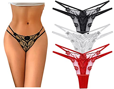 Persepolis Women Mesh Thong Floral G-string Panties Sexy Knickers Lingerie Underwear 3/7 Pack (M, Black/Red/White)
