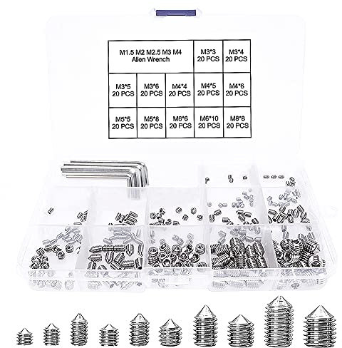 YIXISI 245 Piezas Tornillos Prisioneros de Cabeza Hexagona, Inoxidabl Tornillo Allen de Punto Cónico Kits, Screw Cabeza Hexagonal (M3 M4 M5 M6 M8) con llave Allen