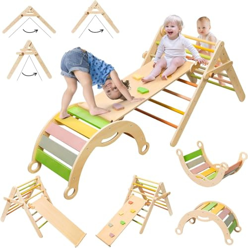deli 7 in 1 Pikler Triangle Set, Large Size Toddler Climbing Triangle Set, Wooden Baby Jungle Gym Indoor, Foldable Montessori Climbing Set with Ramp, Arch & Climbing Triangle