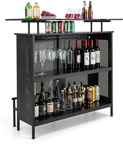 KOMFOTTEU Mesa Alta de Bar con Estante Elevado y 6 Portavasos, Mesa Barra de Cocina de 4 Niveles de Metal, Mueble de Comedor Industrial con Patas Ajustables, 120 x 50 x 106,5 cm, Negro