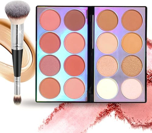 Joyeee 16 Farben Blush Contour Highlighter Makeup Palette mit Pinsel, Rouge- und Bronzer-Puder-Palette, professionelles Gesichts-Schönheits-Make-up