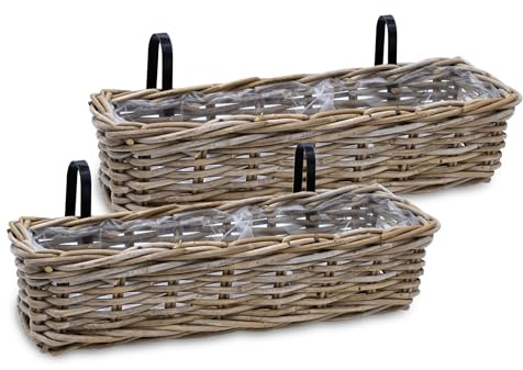 Spetebo Rattan Balkonkasten Natur 60 x 20 cm - 2er Set - Weide Pflanzkorb mit Halterung - Balkon Garten Blumenkasten Pflanztopf Blumenkorb zum Einhängen an Geländer