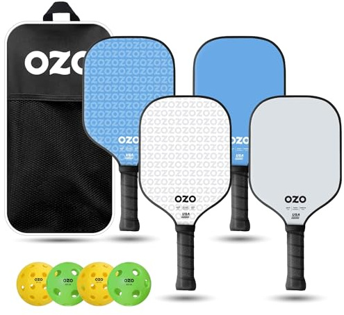 OZO Pickleball - Set mit 4 Schlägern + 4 Bällen + Tasche - 2X Spark Anfänger Hybrid-Schläger + 2X Spark Anfänger Power-Schläger + 4 Injektionsbälle (2X Indoor + 2X Outdoor)