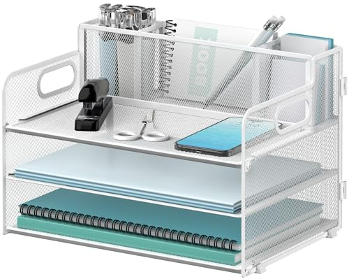 SUPTIDY 3 Tier Desk Organizer with Handle & 3 Pen Holders, Mesh Paper/File Organizer for Desk, Paper Letter Tray Organizer for Office Supplies (White)