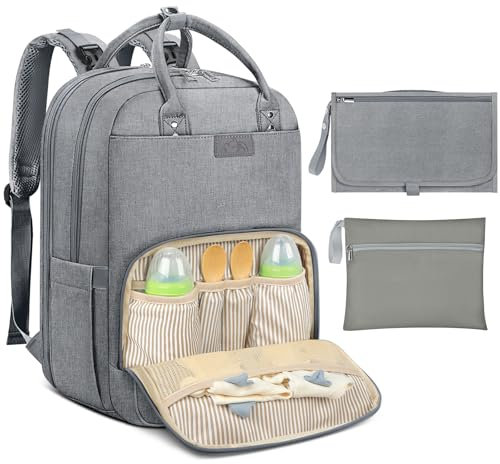 RAINSMORE Baby Wickelrucksack Groß Wickeltasche Rucksack mit Kinderwagengurten und Wickelunterlage Unterwegs Diaper Bag Babytasche Gray