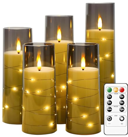 LED Flameless Candles, Battery Operated Flickering Candles, Moving Flame Electric Candle Sets Glass Effect with Remote Control, Timer, Embedded String Lights, Realistic LED Fake Candle, 5pcs