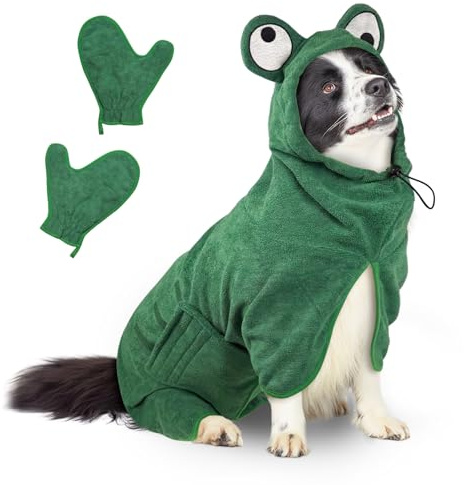 JOLOVE Dog Drying Coat Super Absorbent Dog Towels for Drying Dogs for After Bath Soft Pet Robe Towel Adjustable Pets Bathrobe for Bath, Swim, Wet Walk (Green Frog, M)