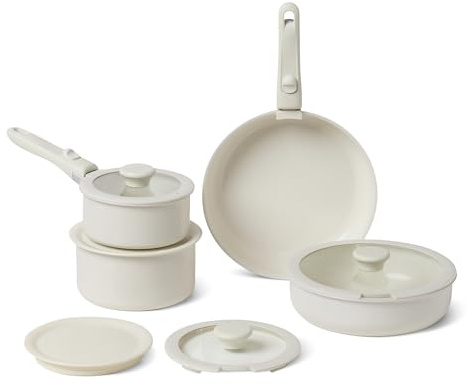 Amazon Basics Batería de Cocina Apilable Antiadherente de Cerámica con Asas Desmontables, Juego de 11 Piezas, Compatible con Todo Tipo de Fuegos, Marfil