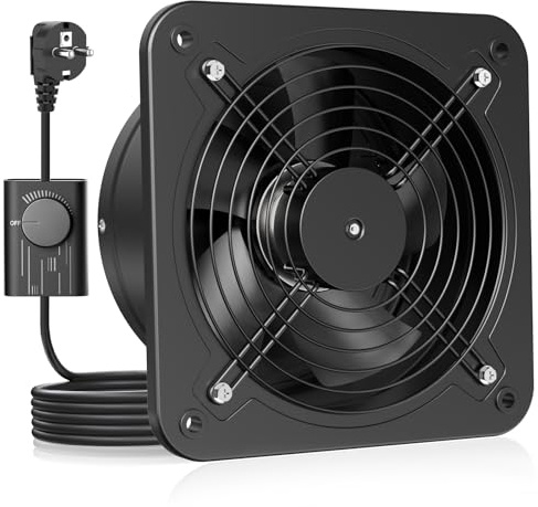 HG Power Ventola Aspirazione 200mm - Ventola Bagno Silenziosa con Valvola di non ritorno, Regolatore di velocità, Spina, Aspiratore Industriale per Cucina Garage Seminterrato, A-Nero