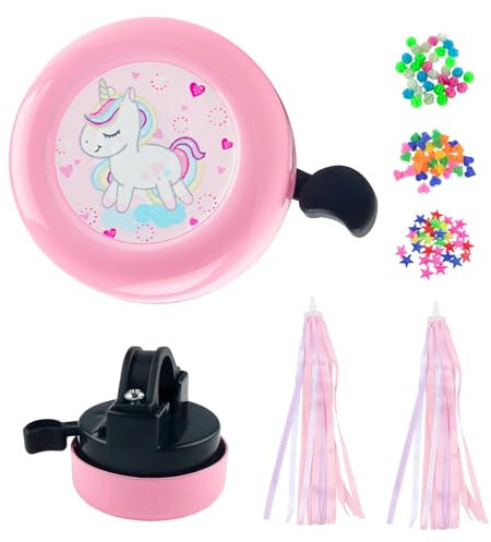 UYUYong Fahrradklingel Einhorn Klingel Fahrrad Kinder Glocke mit 1 Paar Fahrrad Streamer + 108 Stück Liebe Runden Sterne Form Bunte Fahrradspeichen für Fahrräder Balance Bike Tretroller