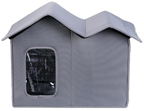 Väderbeständigt djurskydd med transparent dörr, med vattentät design, tvättbar kattkoja for vilda katter(grå)