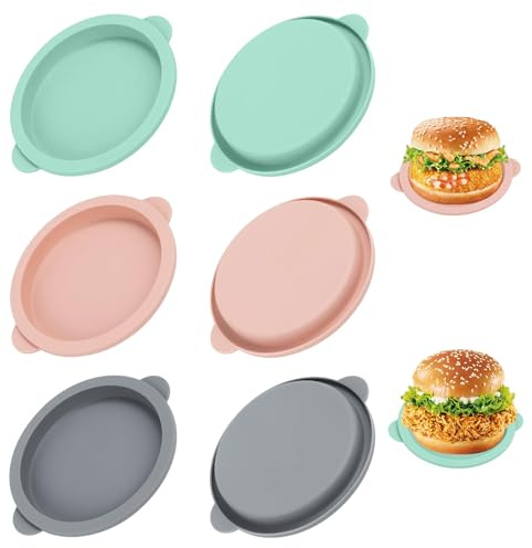 Sekfpnk 6 stampi per uova in silicone, rotondi, diametro 10 cm, per friggitrice ad aria calda, stampo rotondo in silicone, adatto per panini di hamburger, panini per uova (verde, rosa, grigio)
