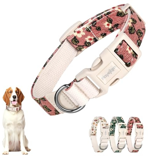Collar Perro Mediano Collares para Perros Ajustables 35-50cm de Pana-Algodón Suave Dog Collar con Hebilla y Motivo de Flore Accesorios para Perros Pequeños Medianos Grandes Adiestramiento(Rosa)